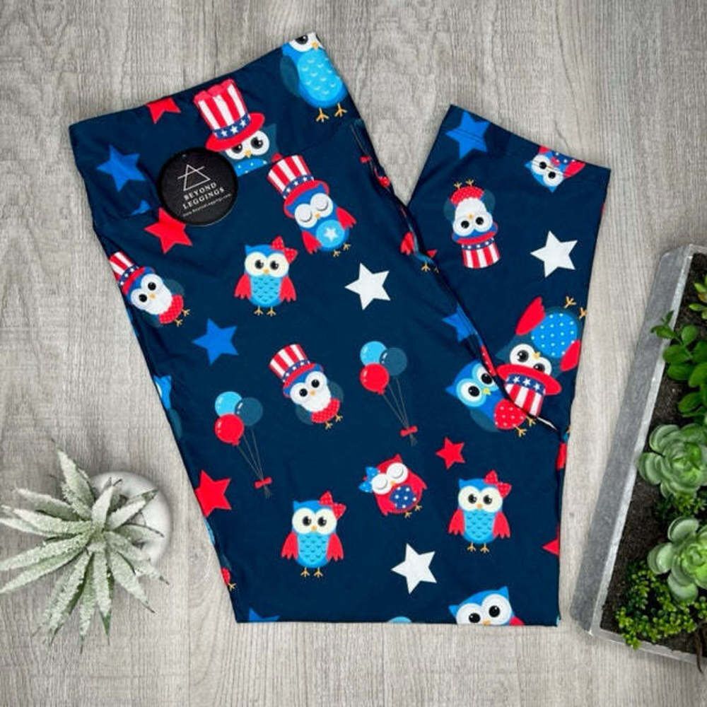 Patriotic Cute Owls Print Capri Soft Navy Blue Leggings 4th of July adult & kids